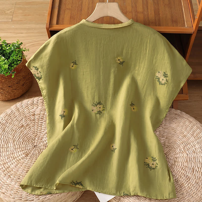 Buddha Stones Canotta estiva casual da donna con colletto alla coreana e ricami floreali. - image 16