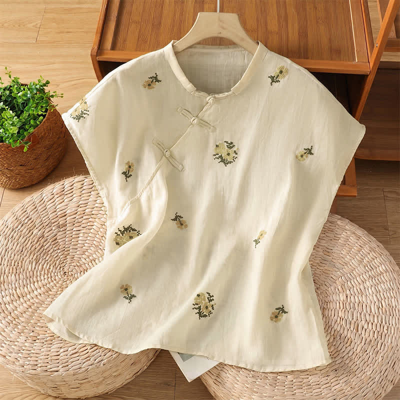 Buddha Stones Canotta estiva casual da donna con colletto alla coreana e ricami floreali. - Bianco - US12, UK/AU16, EU44 (2XL) - image 0
