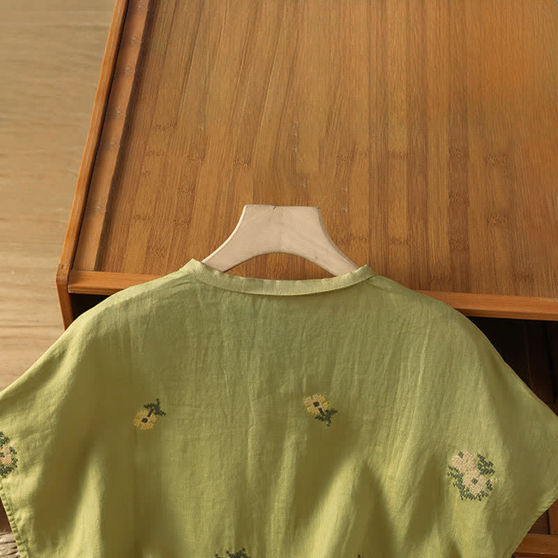 Buddha Stones Canotta estiva casual da donna con colletto alla coreana e ricami floreali. - image 18