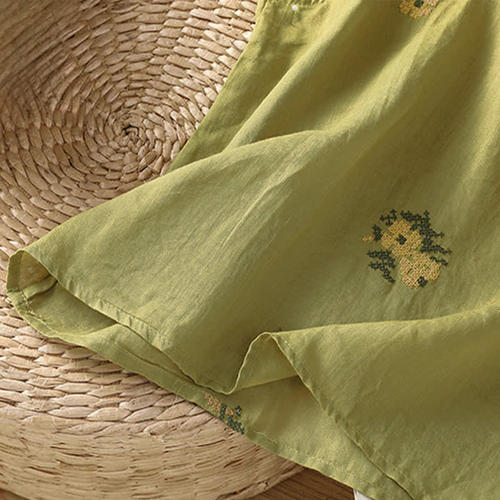 Buddha Stones Canotta estiva casual da donna con colletto alla coreana e ricami floreali. - image 21