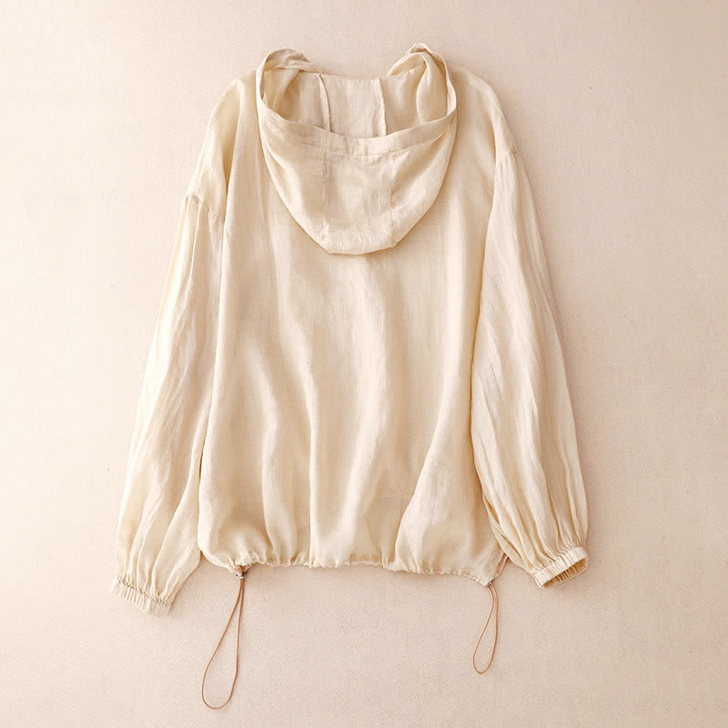 Buddha Stones Camicia da donna estiva casual minimalista a maniche lunghe con bottoni e coulisse, tinta unita, con taschino. - image 1