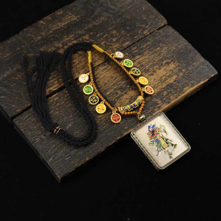 Buddha Stones Collana Thangka con nappa intrecciata, simbolo di protezione del Signore Guan in rame. - Thangka multicolore del Signore Guan (versione con cappello blu) - image 15