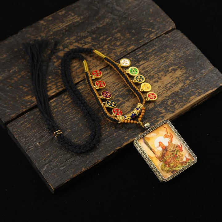 Buddha Stones Collana Thangka con nappa intrecciata, simbolo di protezione del Signore Guan in rame. - Thangka arancione a figura intera del Signore Guan - image 13