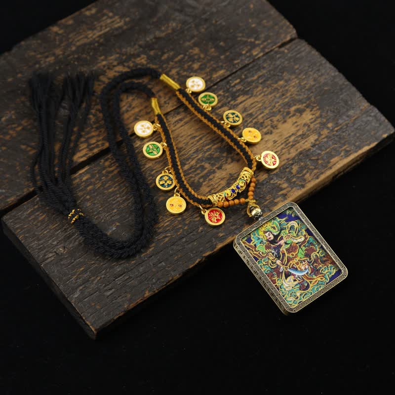 Buddha Stones Collana Thangka con nappa intrecciata, simbolo di protezione del Signore Guan in rame. - Thangka multicolore del Signore Guan (versione con sfondo verde) - image 19