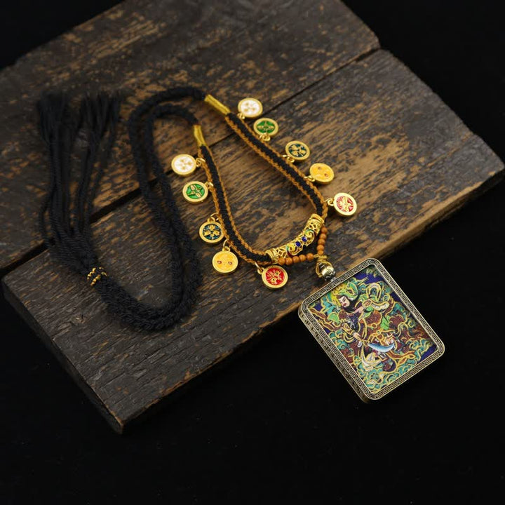 Buddha Stones Collana Thangka con nappa intrecciata, simbolo di protezione del Signore Guan in rame. - Thangka multicolore del Signore Guan (versione con sfondo verde) - image 19
