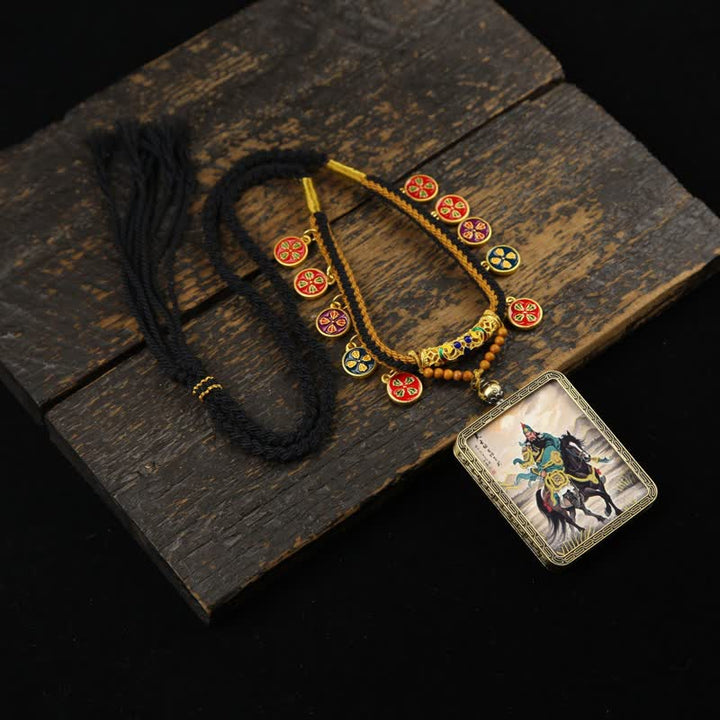 Buddha Stones Collana Thangka con nappa intrecciata, simbolo di protezione del Signore Guan in rame. - Il signore Guan Thangka a cavallo del cavallo verde - image 9