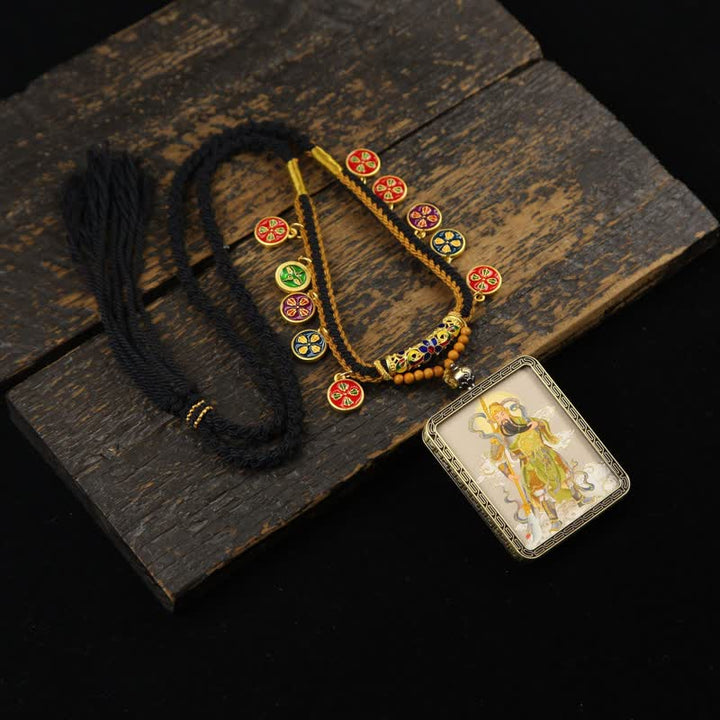 Buddha Stones Collana Thangka con nappa intrecciata, simbolo di protezione del Signore Guan in rame. - Thangka giallo a figura intera del Signore Guan - image 11