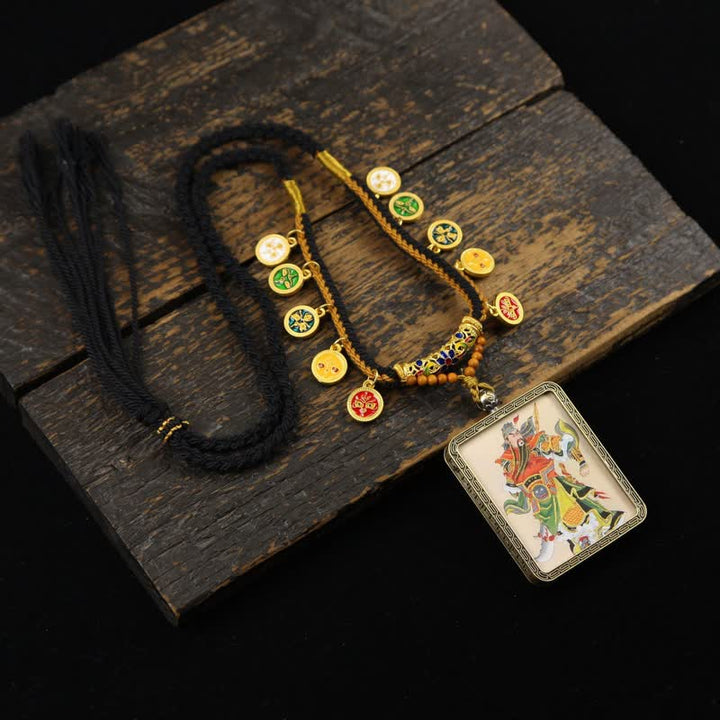 Buddha Stones Collana Thangka con nappa intrecciata, simbolo di protezione del Signore Guan in rame. - Thangka multicolore del Signore Guan (versione con cappello grigio) - image 21
