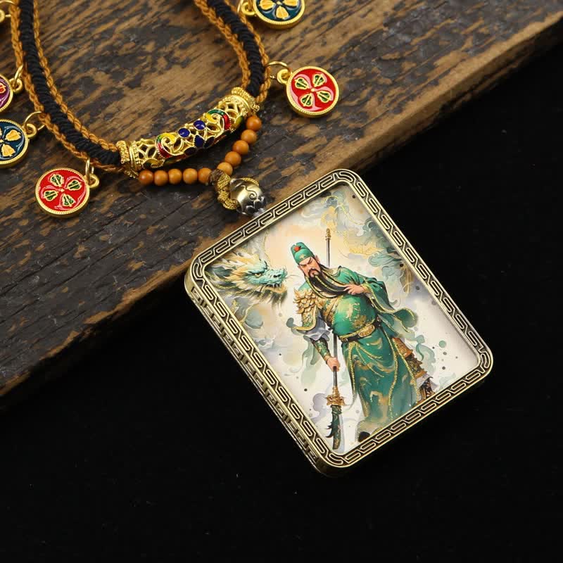 Buddha Stones Collana Thangka con nappa intrecciata, simbolo di protezione del Signore Guan in rame. - Thangka verde a figura intera del Signore Guan - image 0