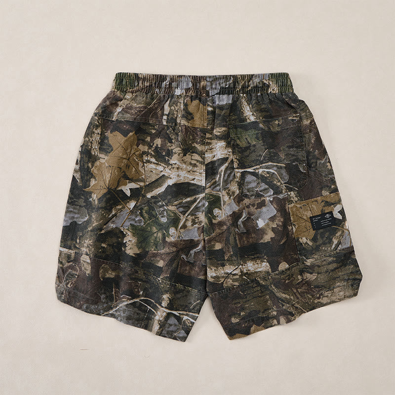 Buddha Stones Pantaloncini da uomo estivi casual sportivi con coulisse, stampa mimetica a foglie, in cotone ramie e tasche. - image 1