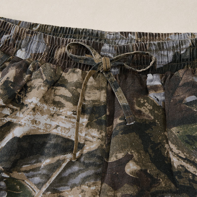 Buddha Stones Pantaloncini da uomo estivi casual sportivi con coulisse, stampa mimetica a foglie, in cotone ramie e tasche. - image 3