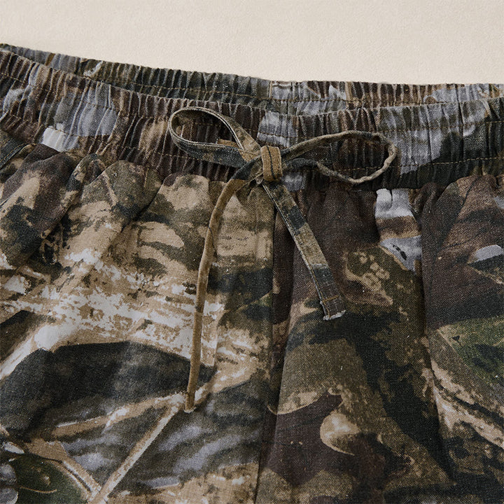 Buddha Stones Pantaloncini da uomo estivi casual sportivi con coulisse, stampa mimetica a foglie, in cotone ramie e tasche. - image 3