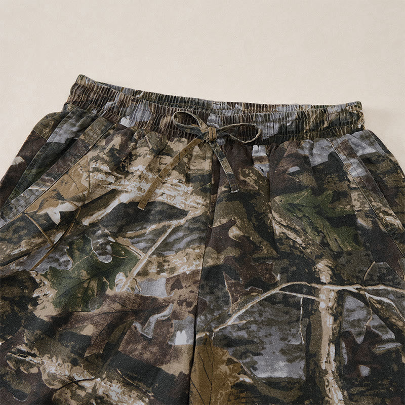 Buddha Stones Pantaloncini da uomo estivi casual sportivi con coulisse, stampa mimetica a foglie, in cotone ramie e tasche. - image 2