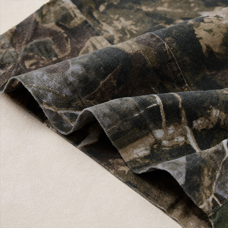 Buddha Stones Pantaloncini da uomo estivi casual sportivi con coulisse, stampa mimetica a foglie, in cotone ramie e tasche. - image 8