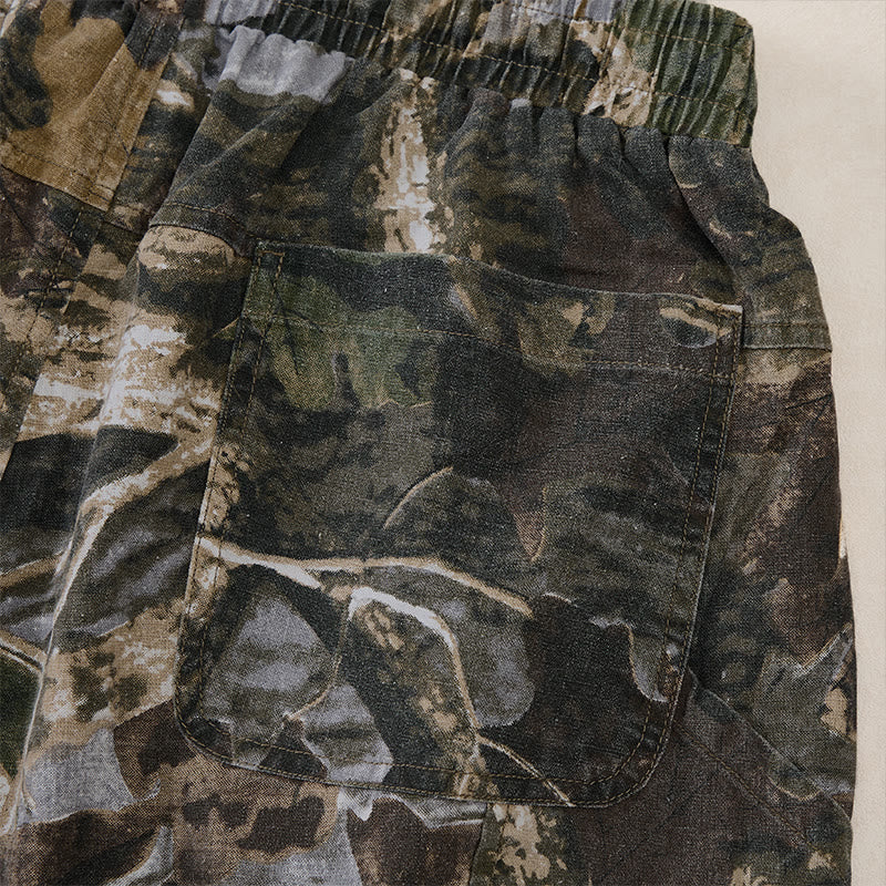 Buddha Stones Pantaloncini da uomo estivi casual sportivi con coulisse, stampa mimetica a foglie, in cotone ramie e tasche. - image 5