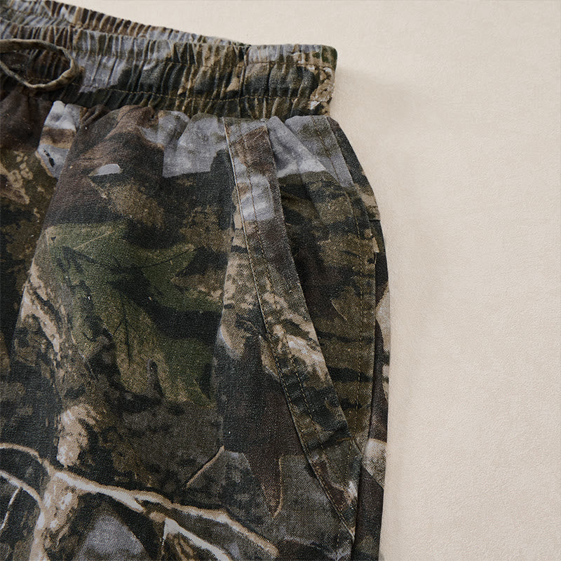 Buddha Stones Pantaloncini da uomo estivi casual sportivi con coulisse, stampa mimetica a foglie, in cotone ramie e tasche. - image 4
