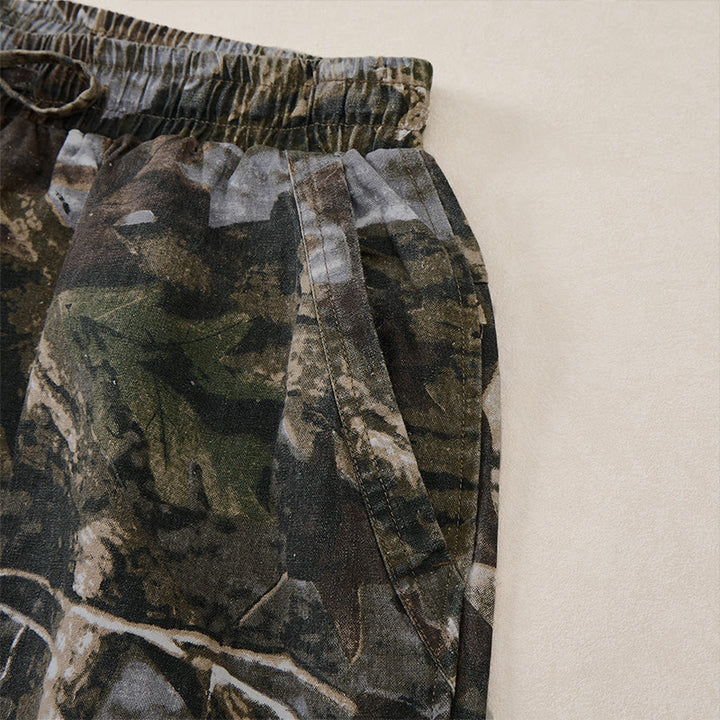 Buddha Stones Pantaloncini da uomo estivi casual sportivi con coulisse, stampa mimetica a foglie, in cotone ramie e tasche. - image 4