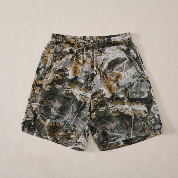 Buddha Stones Pantaloncini da uomo estivi casual sportivi con coulisse, stampa mimetica a foglie, in cotone ramie e tasche. - Grigio - US/UK/AU44, EU54 (4XL) - image 10