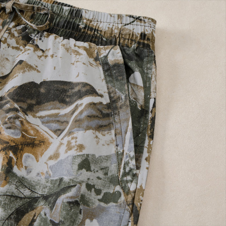 Buddha Stones Pantaloncini da uomo estivi casual sportivi con coulisse, stampa mimetica a foglie, in cotone ramie e tasche. - image 14
