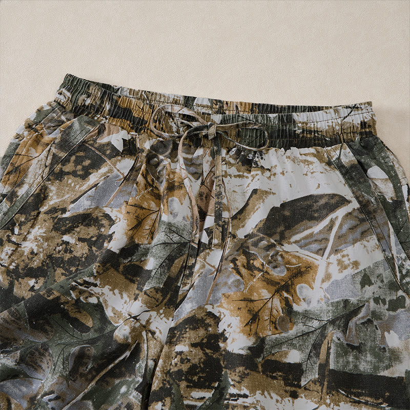 Buddha Stones Pantaloncini da uomo estivi casual sportivi con coulisse, stampa mimetica a foglie, in cotone ramie e tasche. - image 12