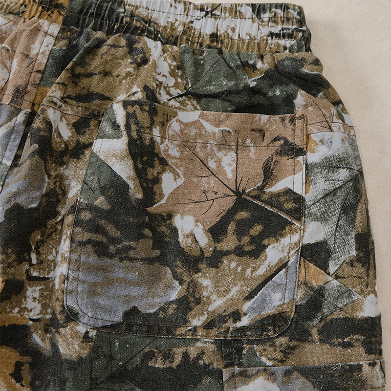 Buddha Stones Pantaloncini da uomo estivi casual sportivi con coulisse, stampa mimetica a foglie, in cotone ramie e tasche. - image 15