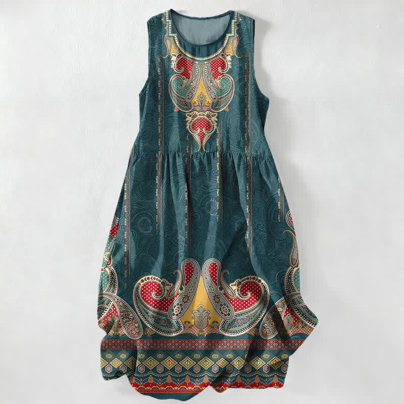 Buddha Stones Abito midi estivo casual da donna con bordo a motivo paisley persiano e tasche. - Verde acqua - US16, UK/AU20, EU48 (3XL) - image 0