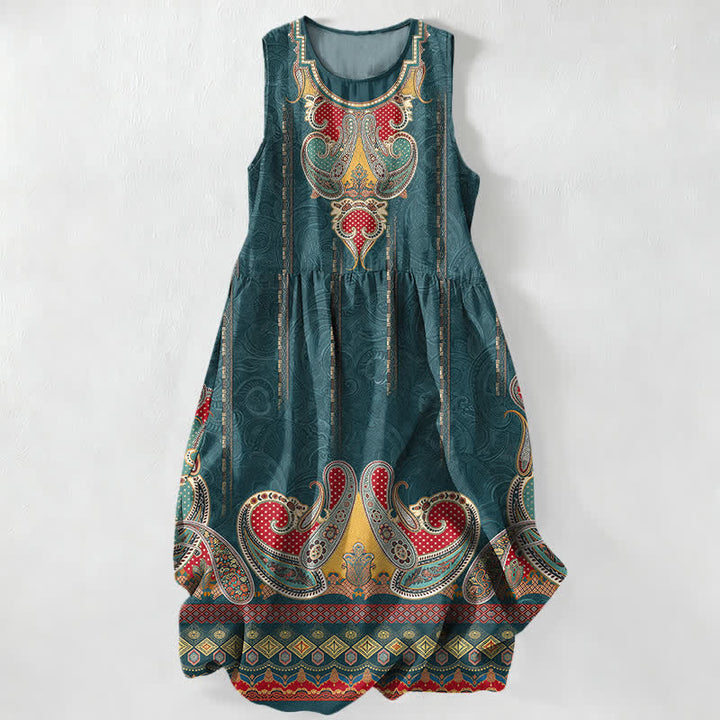 Buddha Stones Abito midi estivo casual da donna con bordo a motivo paisley persiano e tasche. - Verde acqua - US16, UK/AU20, EU48 (3XL) - image 0