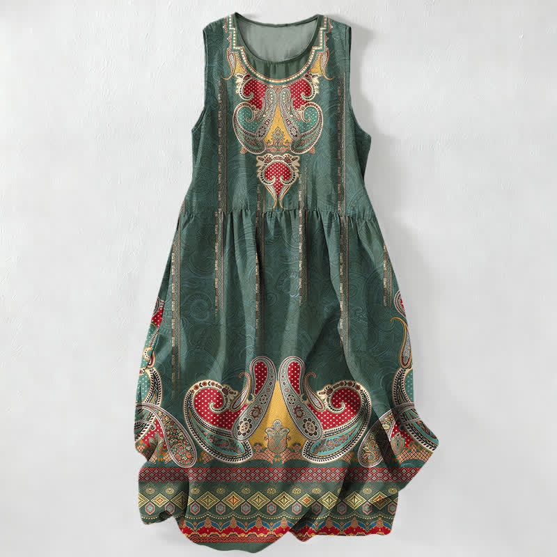 Buddha Stones Abito midi estivo casual da donna con bordo a motivo paisley persiano e tasche. - Verde studentesco - US16, UK/AU20, EU48 (3XL) - image 4