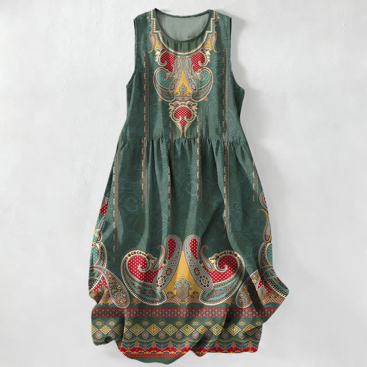 Buddha Stones Abito midi estivo casual da donna con bordo a motivo paisley persiano e tasche. - Verde studentesco - US16, UK/AU20, EU48 (3XL) - image 4