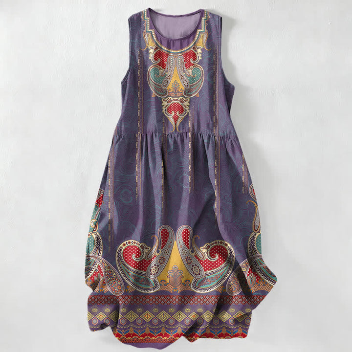 Buddha Stones Abito midi estivo casual da donna con bordo a motivo paisley persiano e tasche. - Blu Ardesia - US16, UK/AU20, EU48 (3XL) - image 5