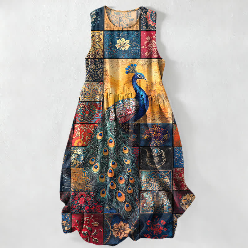 Buddha Stones Abito midi estivo casual da donna con motivo patchwork di pavone e tasche. - SteelBlue - US16, UK/AU20, EU48 (3XL) - image 0