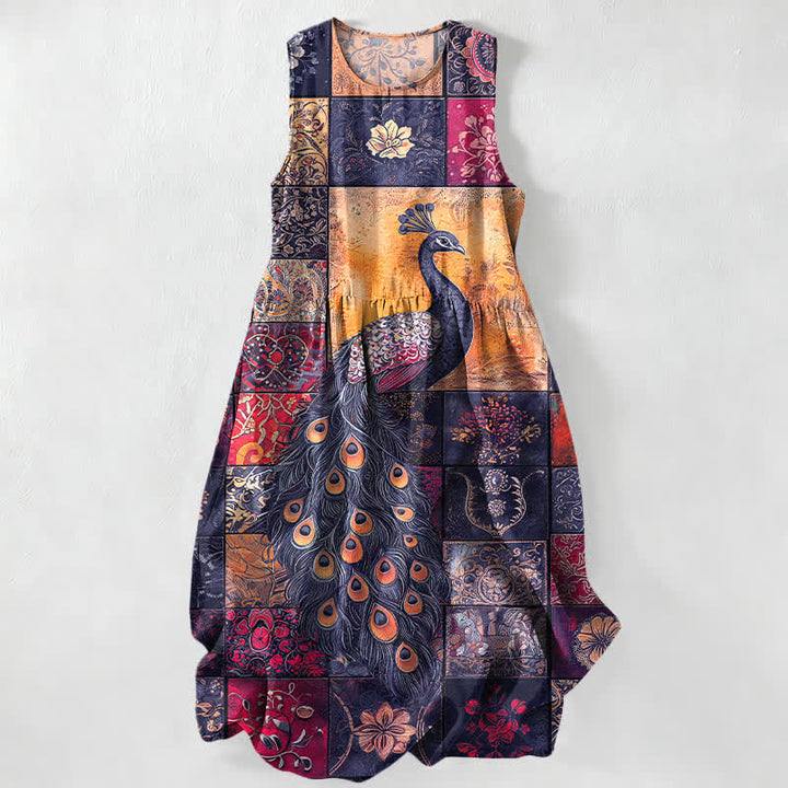 Buddha Stones Abito midi estivo casual da donna con motivo patchwork di pavone e tasche. - Indaco - US16, UK/AU20, EU48 (3XL) - image 4