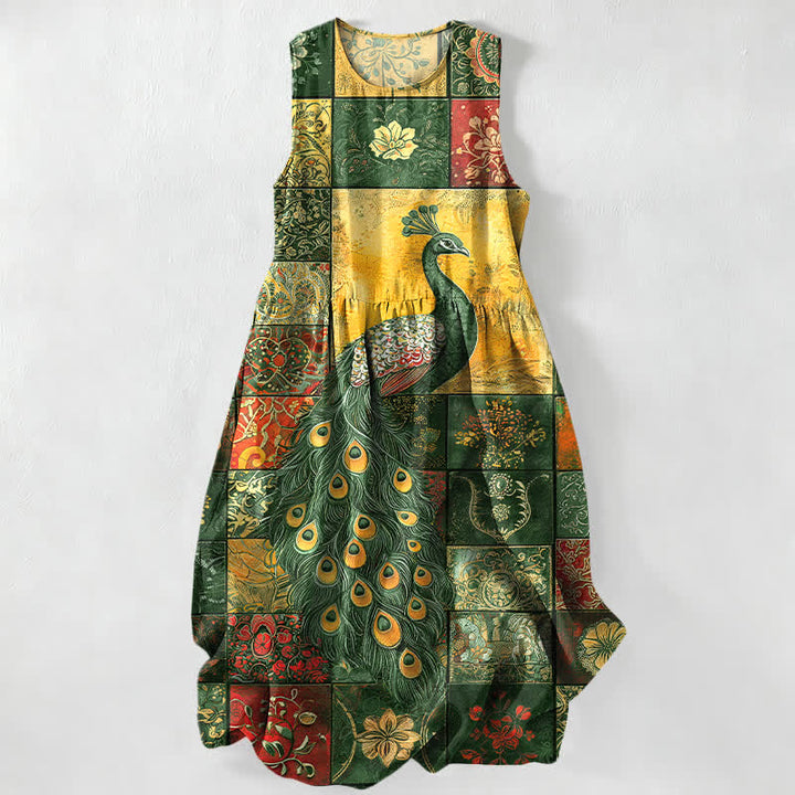Buddha Stones Abito midi estivo casual da donna con motivo patchwork di pavone e tasche. - Verde studentesco - US16, UK/AU20, EU48 (3XL) - image 5