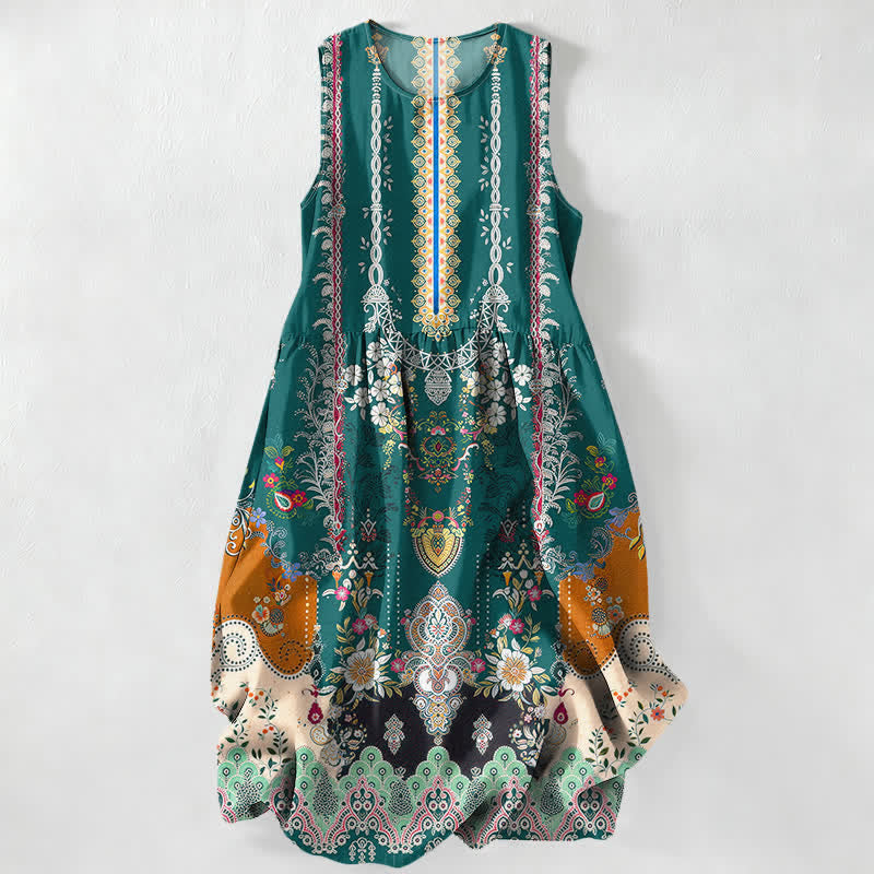 Buddha Stones Abito midi estivo casual da donna con motivo floreale vintage a medaglioni e foglie, senza maniche e con tasche. - Verde acqua - US16, UK/AU20, EU48 (3XL) - image 0