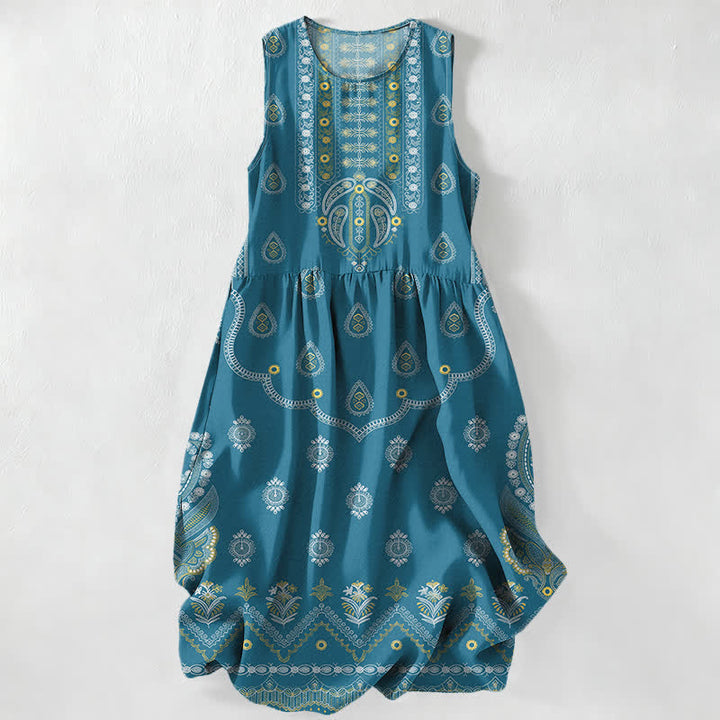 Buddha Stones Abito midi estivo da donna senza maniche con motivo paisley e medaglioni, stile boho casual estivo, con tasche. - Verde acqua - US16, UK/AU20, EU48 (3XL) - image 0