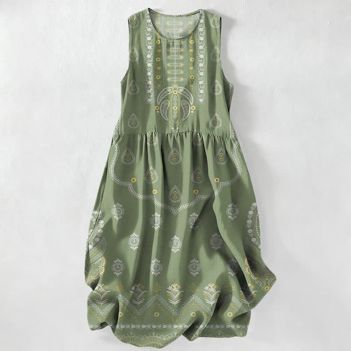Buddha Stones Abito midi estivo da donna senza maniche con motivo paisley e medaglioni, stile boho casual estivo, con tasche. - Verde oliva - US16, UK/AU20, EU48 (3XL) - image 4