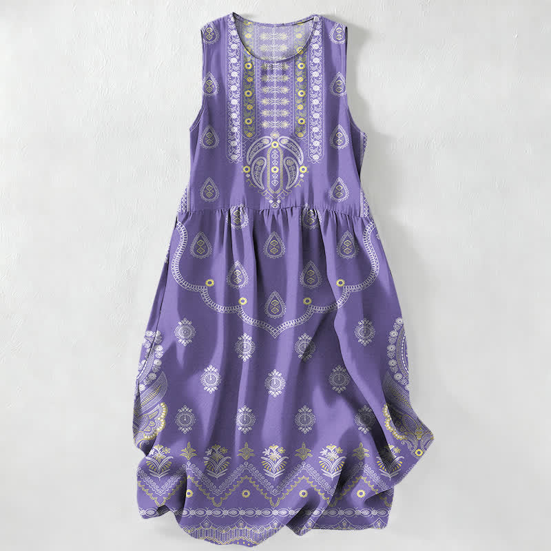 Buddha Stones Abito midi estivo da donna senza maniche con motivo paisley e medaglioni, stile boho casual estivo, con tasche. - Lavanda - US16, UK/AU20, EU48 (3XL) - image 5