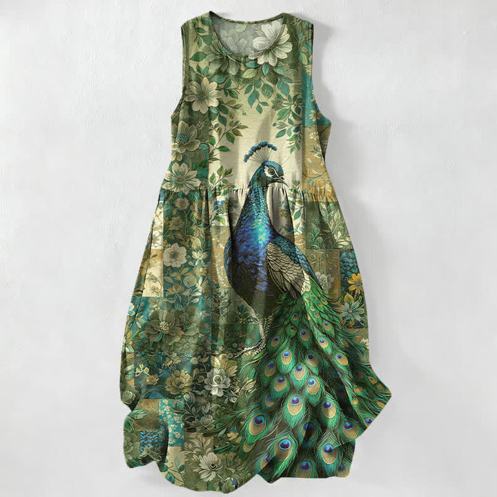 Buddha Stones Abito midi estivo casual da donna con motivo patchwork floreale e pavone. - Verde oliva - US16, UK/AU20, EU48 (3XL) - image 4