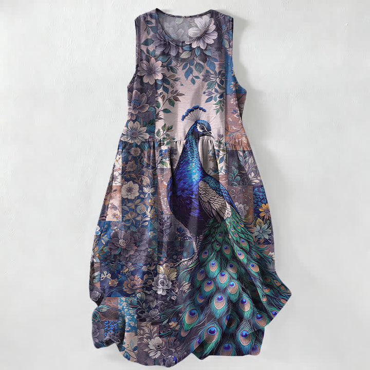 Buddha Stones Abito midi estivo casual da donna con motivo patchwork floreale e pavone. - Viola medio - US16, UK/AU20, EU48 (3XL) - image 5