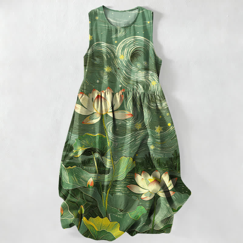 Buddha Stones Abito midi estivo casual da donna con motivo a spirale di loto e tasche. - Verde mare - US16, UK/AU20, EU48 (3XL) - image 5