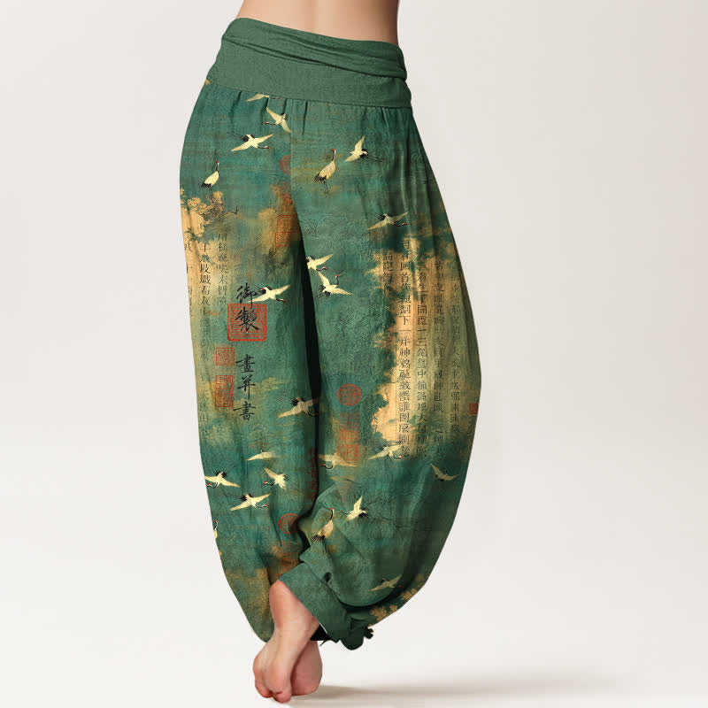 Buddha Stones Pantaloni harem da donna in cotone con elastico in vita e motivo calligrafico della gru dorata. - image 2