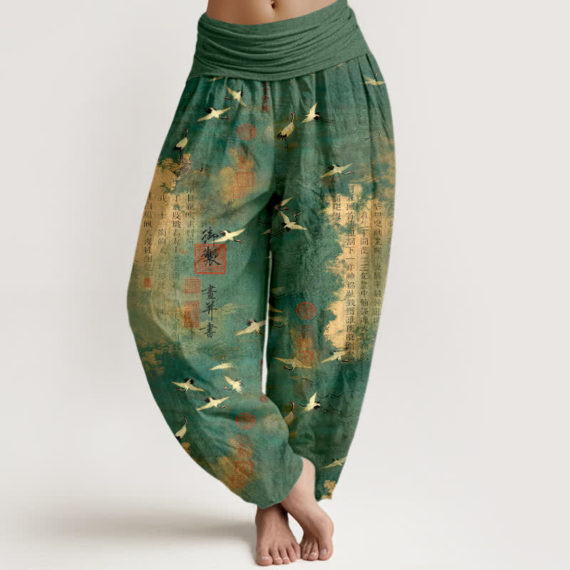 Buddha Stones Pantaloni harem da donna in cotone con elastico in vita e motivo calligrafico della gru dorata. - Verde mare - US16, UK/AU20, EU48 (3XL) - image 0