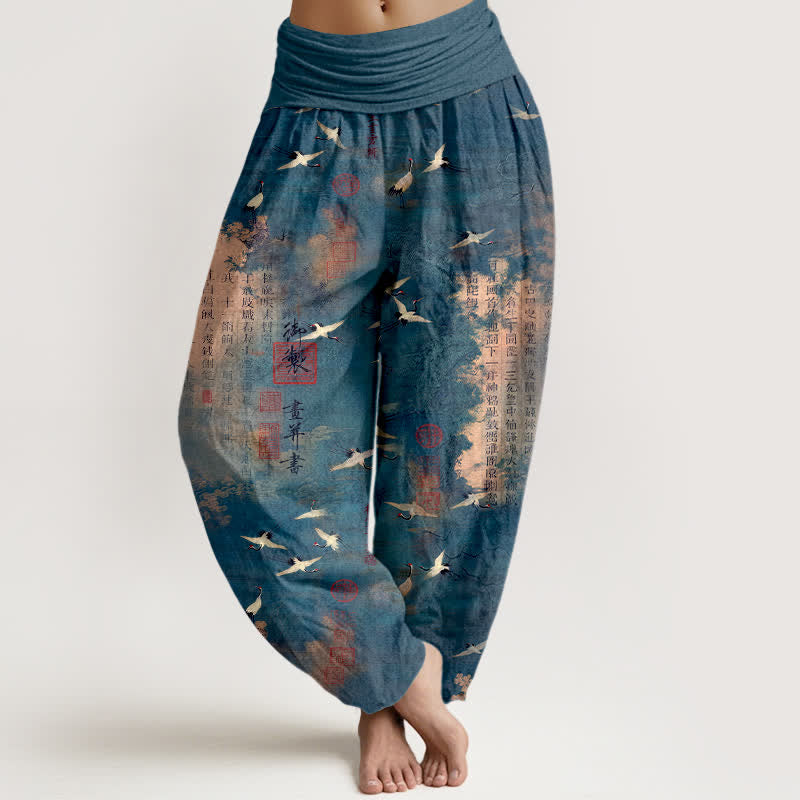 Buddha Stones Pantaloni harem da donna in cotone con elastico in vita e motivo calligrafico della gru dorata. - SteelBlue - US16, UK/AU20, EU48 (3XL) - image 5