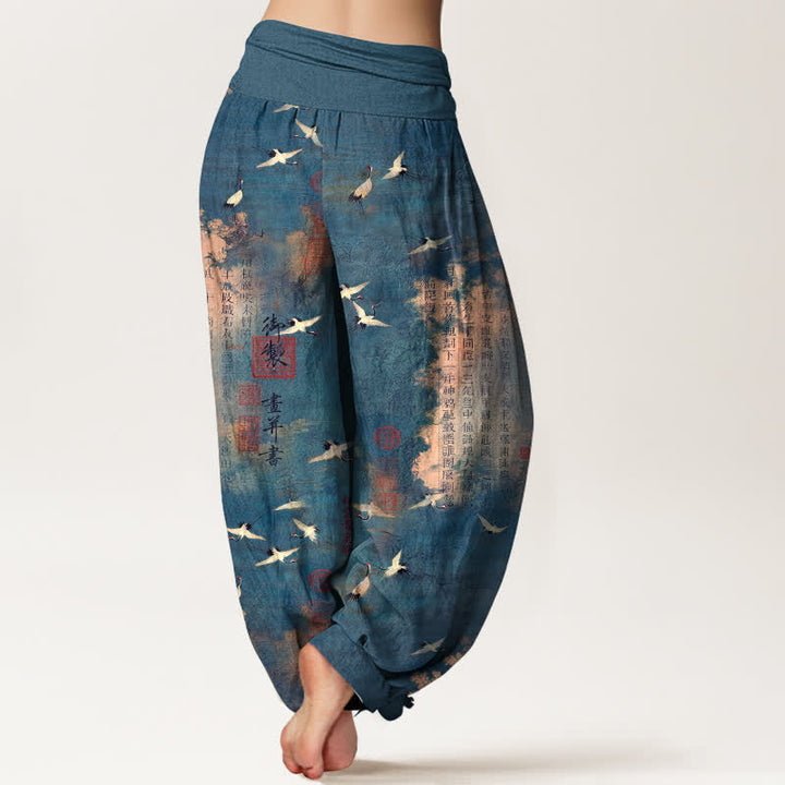 Buddha Stones Pantaloni harem da donna in cotone con elastico in vita e motivo calligrafico della gru dorata. - image 7