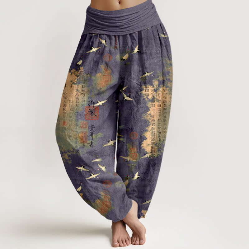 Buddha Stones Pantaloni harem da donna in cotone con elastico in vita e motivo calligrafico della gru dorata. - Blu Ardesia - US16, UK/AU20, EU48 (3XL) - image 8