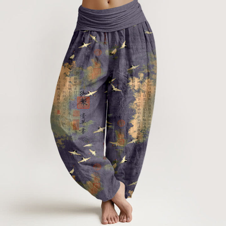 Buddha Stones Pantaloni harem da donna in cotone con elastico in vita e motivo calligrafico della gru dorata. - Blu Ardesia - US16, UK/AU20, EU48 (3XL) - image 8