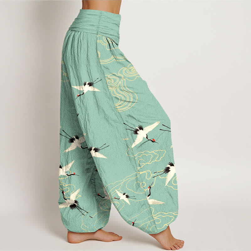 Buddha Stones Pantaloni harem da donna in cotone con motivo gru volante e elastico in vita. - image 1