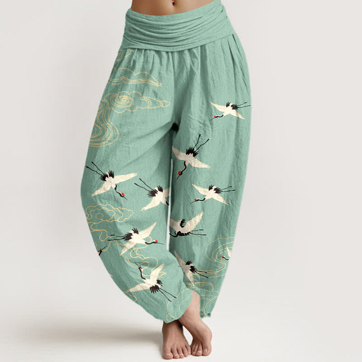 Buddha Stones Pantaloni harem da donna in cotone con motivo gru volante e elastico in vita. - Acquamarina media - US16, UK/AU20, EU48 (3XL) - image 0