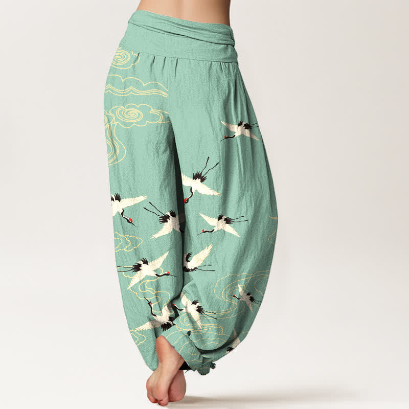 Buddha Stones Pantaloni harem da donna in cotone con motivo gru volante e elastico in vita. - image 2