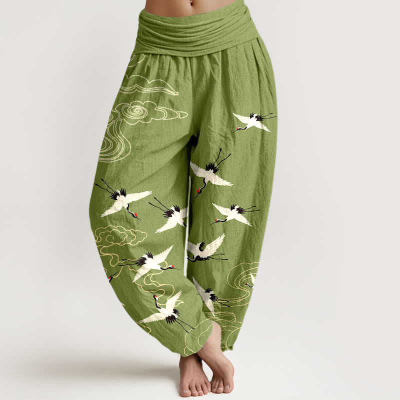 Buddha Stones Pantaloni harem da donna in cotone con motivo gru volante e elastico in vita. - Verde oliva - US16, UK/AU20, EU48 (3XL) - image 5